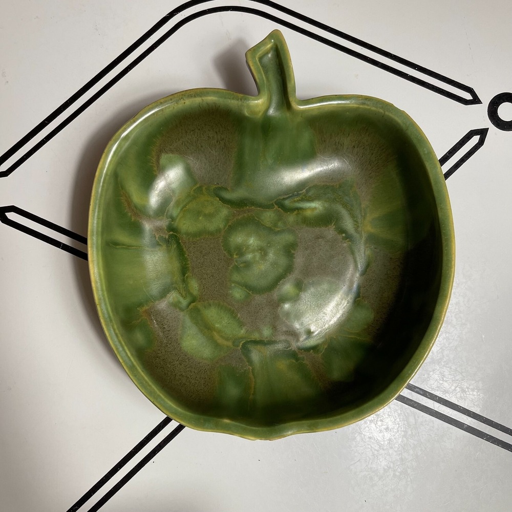 VTG Dryden Pottery Apple Bowl 9" Dish Drip‎ Glaze Green Arkansas Decor